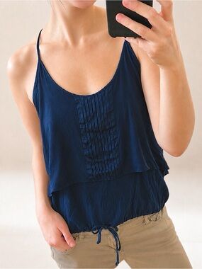Y2K Dallin Chase Blue Pleated Silk Sporty Drawstring Racer Back Tank Top XS S M